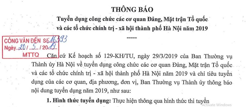 17-5-2019 Thành ủy HN TB 1946 Thông báo tuyển dụng Công chức các cơ quan Đảng, MTTQ và các tổ chức chính trị- xã hội thành phố Hà Nội năm 2019