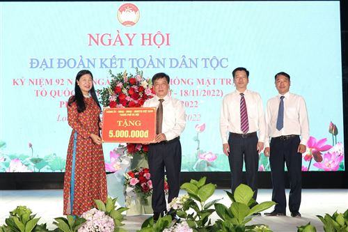 Đồng chí Nguyễn Lan Hương - UV BTV Thành ủy - Chủ tịch UB MTTQ thành phố tặng quà cho phường Long Biên